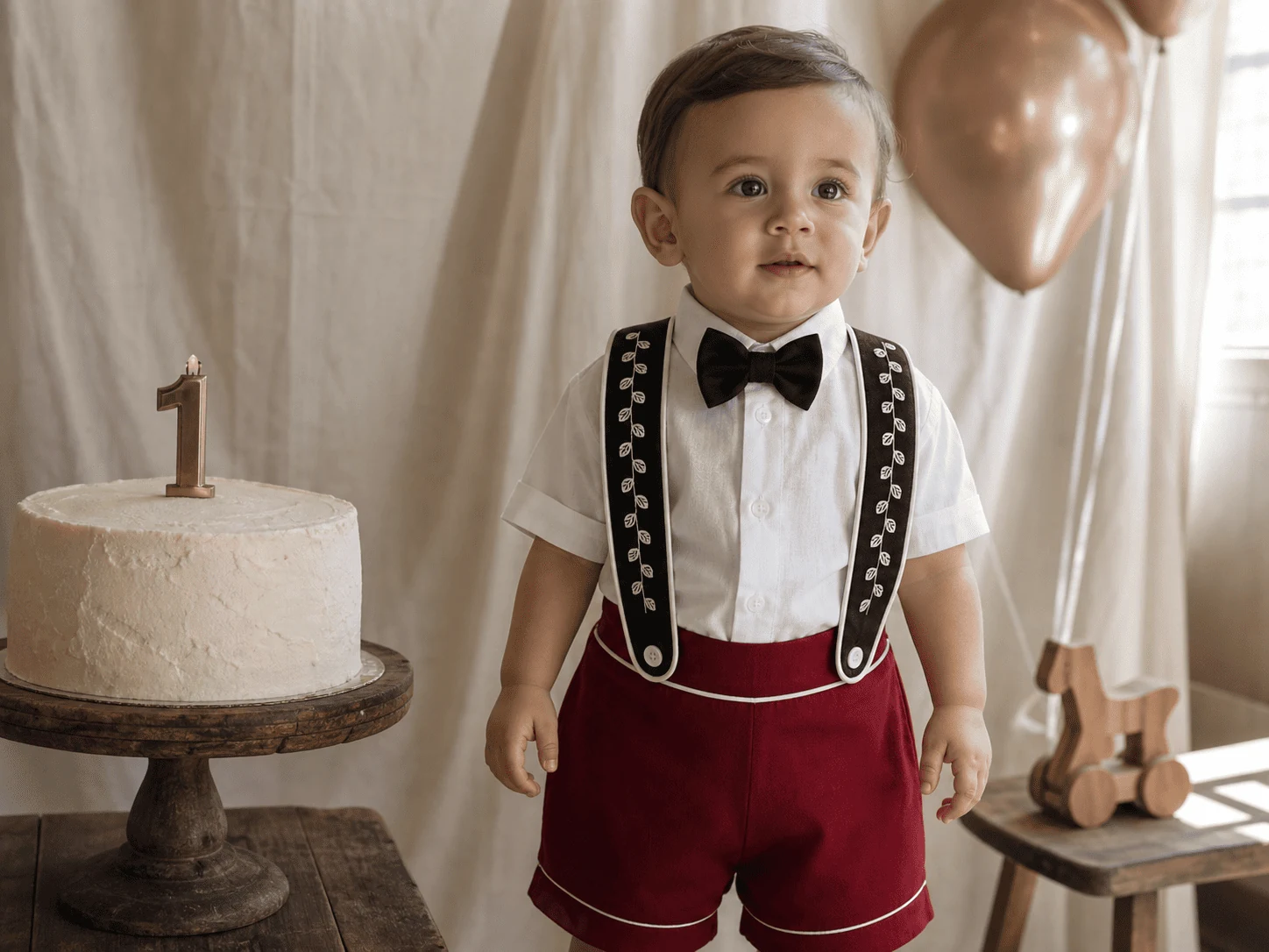 Bebê de 1 ano vestindo Conjunto Versátil · paleta vermelho preto · smash-the-cake