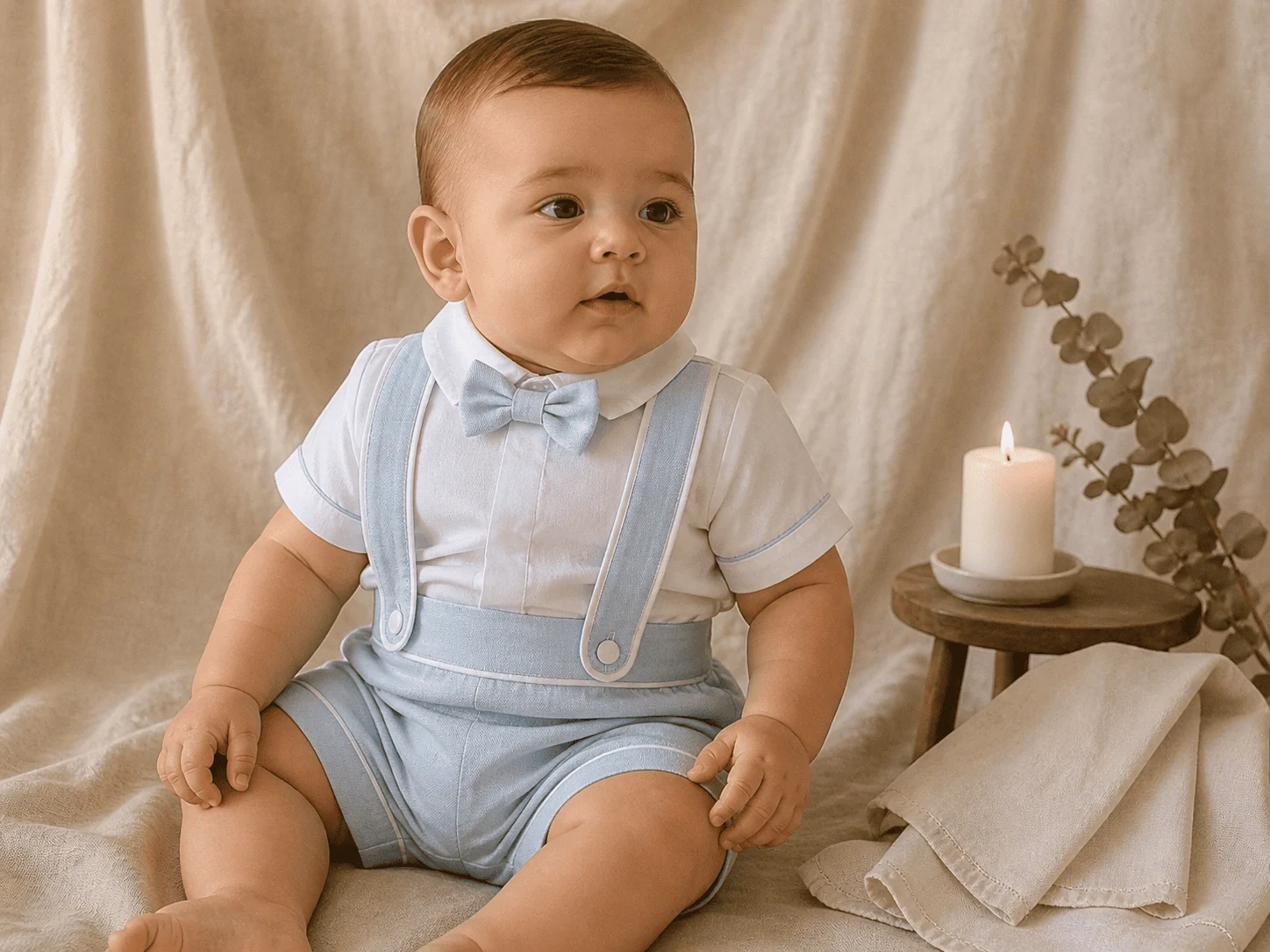 Bebê de batizado vestindo Conjunto Versátil · Camisa branca + short coordenado + suspensório · ambiente cerimonial