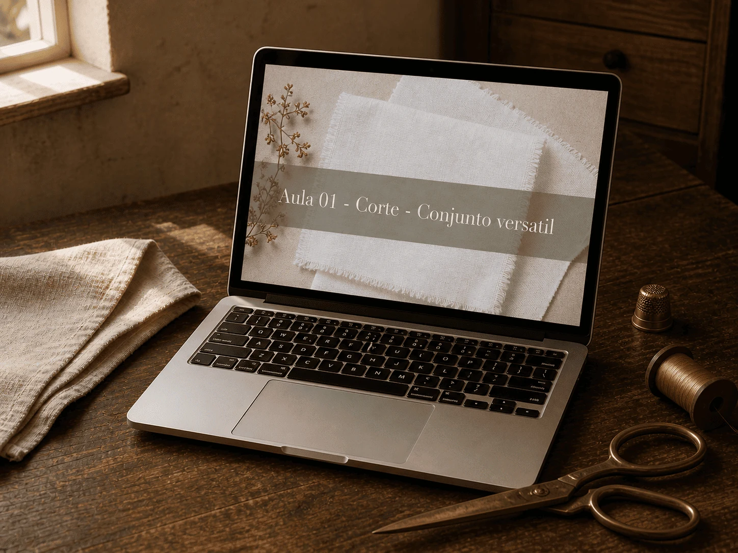 MacBook em bancada de ateliê mostrando aula do Projeto Versátil