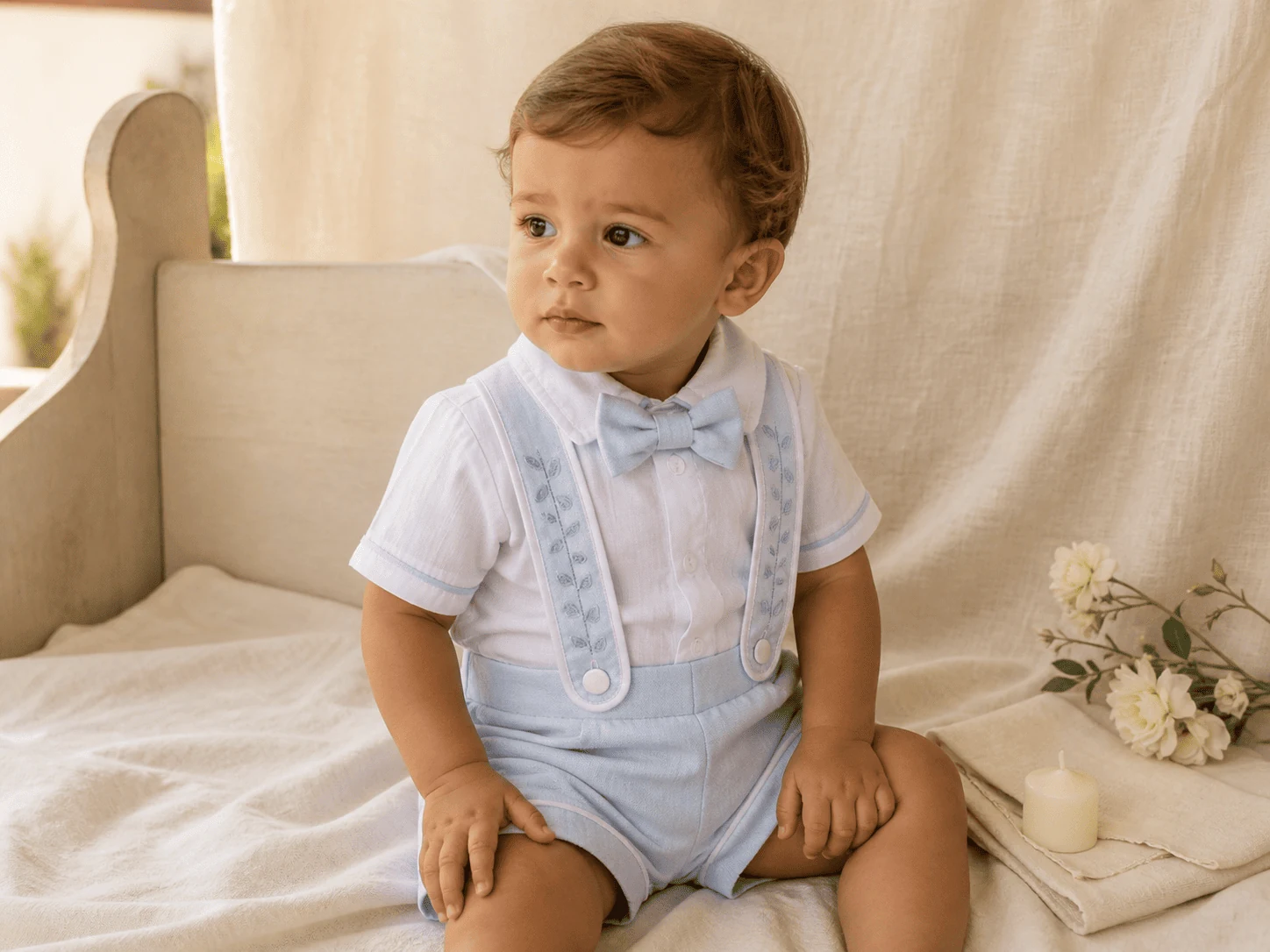 Conjunto Versátil paleta Batizado · azul céu + branco puro · cena cerimonial home batismal · ensaio editorial Pinterest
