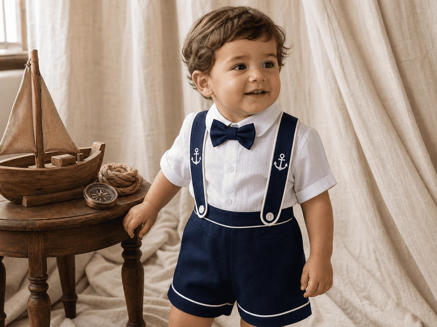Conjunto Versátil tema Marinheiro Vintage · azul marinho + vivo branco + âncora bordada no suspensório · ensaio editorial vintage