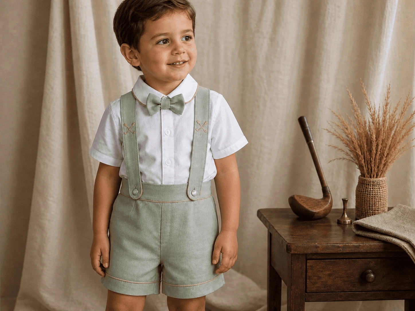 Conjunto Versátil tema Golf Chic · sage sálvia + vivo cáqui + tacos cruzados bordados no suspensório · ensaio editorial country club