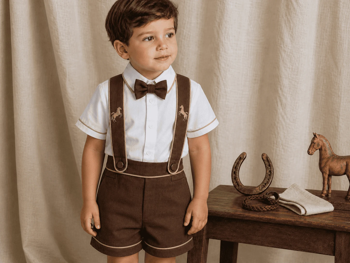 Conjunto Versátil tema Cavalheiro Equestre · chocolate saddle + vivo cáqui + cavalo bordado no suspensório · ensaio editorial equestrian gentleman