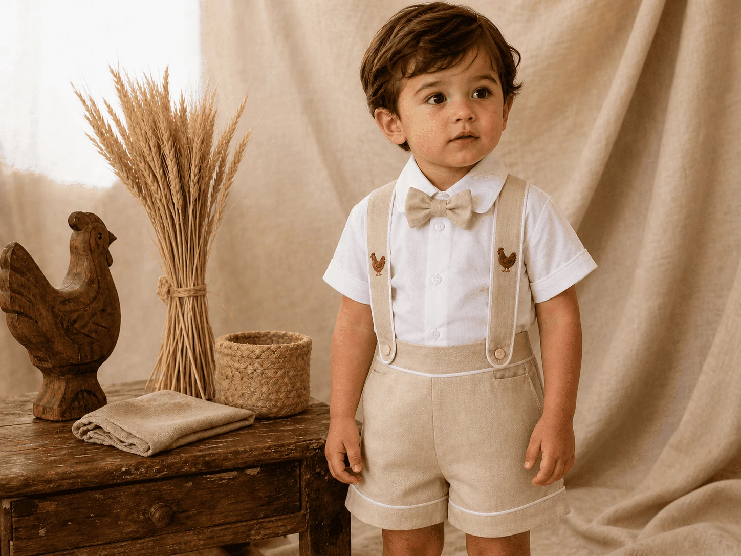 Conjunto Versátil tema Fazendinha Country · cáqui beige + vivo branco + galinha bordada no suspensório · ensaio editorial country brasileiro