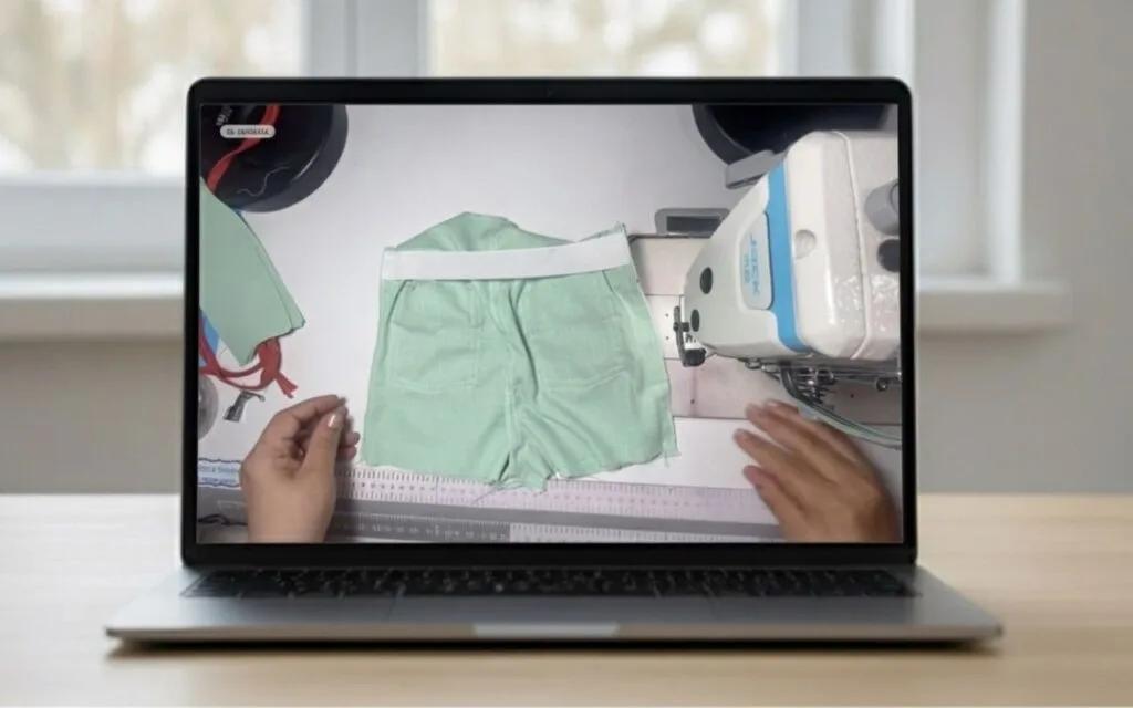 Notebook aberto mostrando aula de costura do Conjunto Versátil sendo assistida