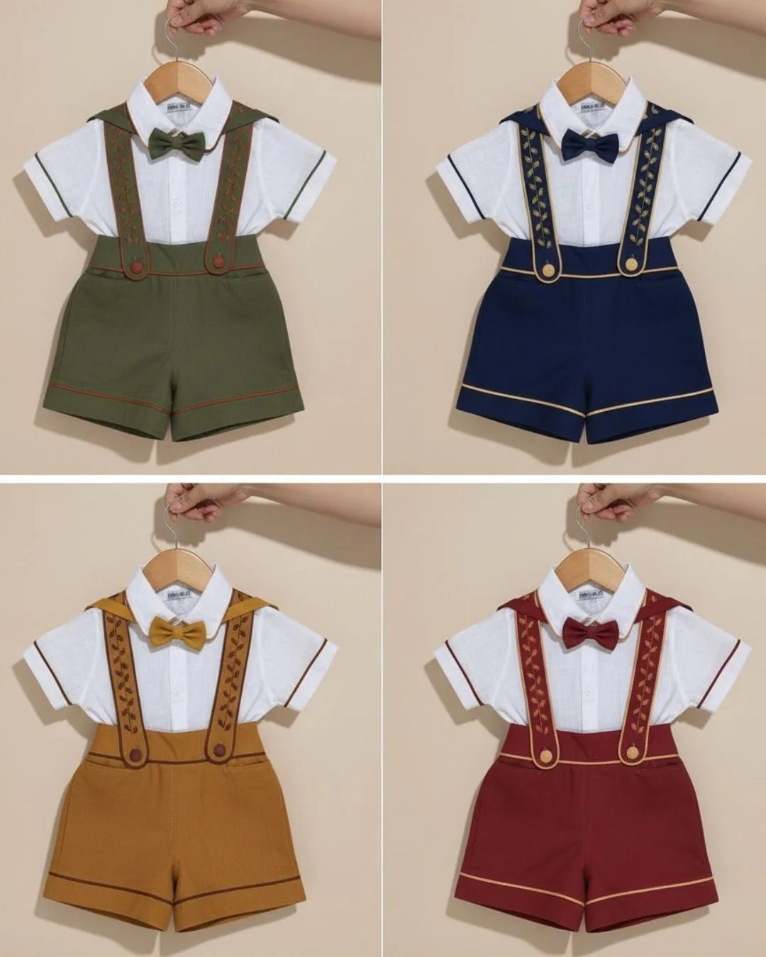 Quatro Conjuntos Versátil em paletas diferentes: tricoline claro para batizado, linho areia para ensaio, Oxford marinho para aniversário e sarja verde oliva para passeio