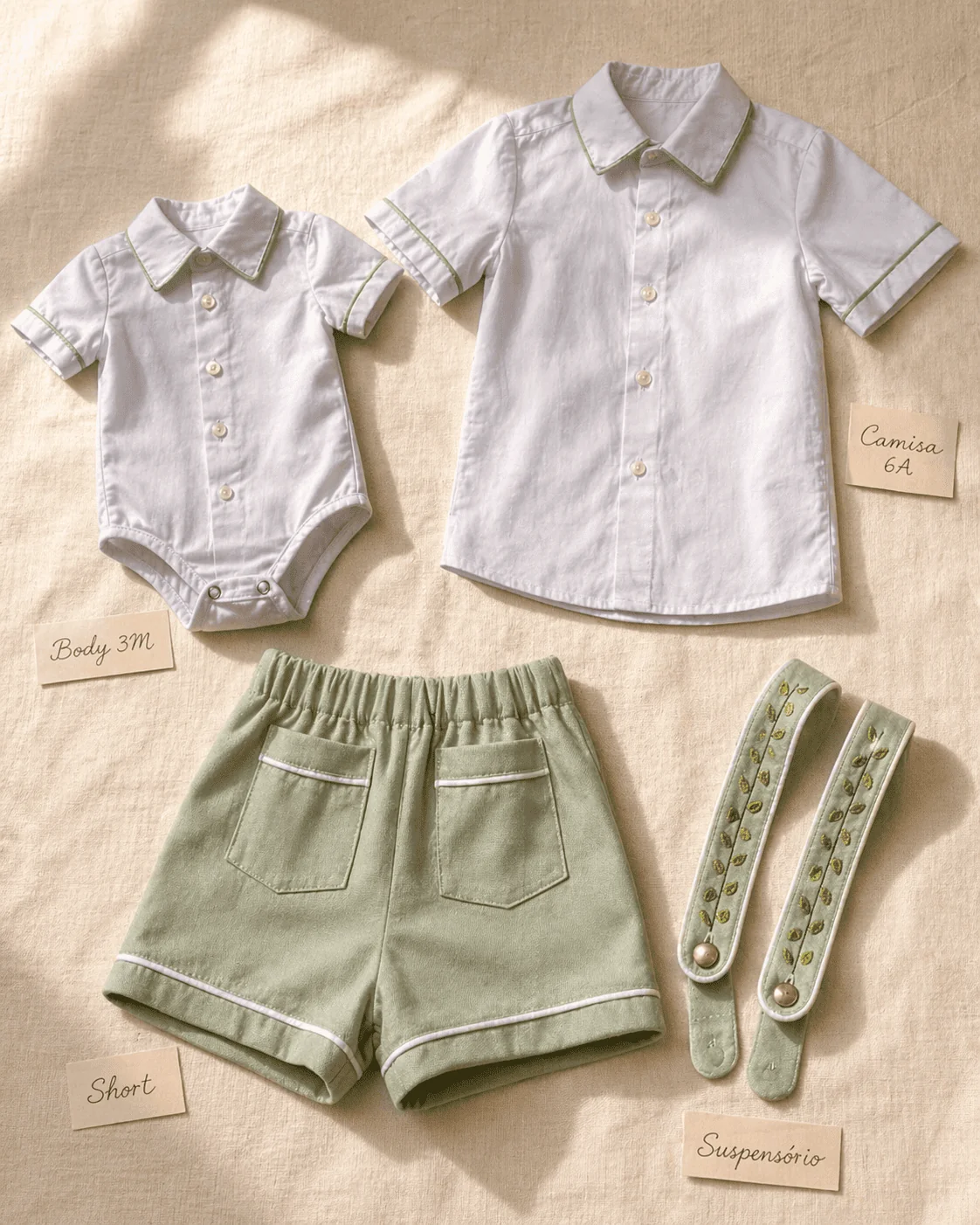 Flat-lay do Conjunto Versátil em quatro peças coordenadas — Body Camisa 3M, Camisa Social 6A, Short verde sage e Suspensório bordado — etiquetas craft identificando cada molde, fundo linho natural