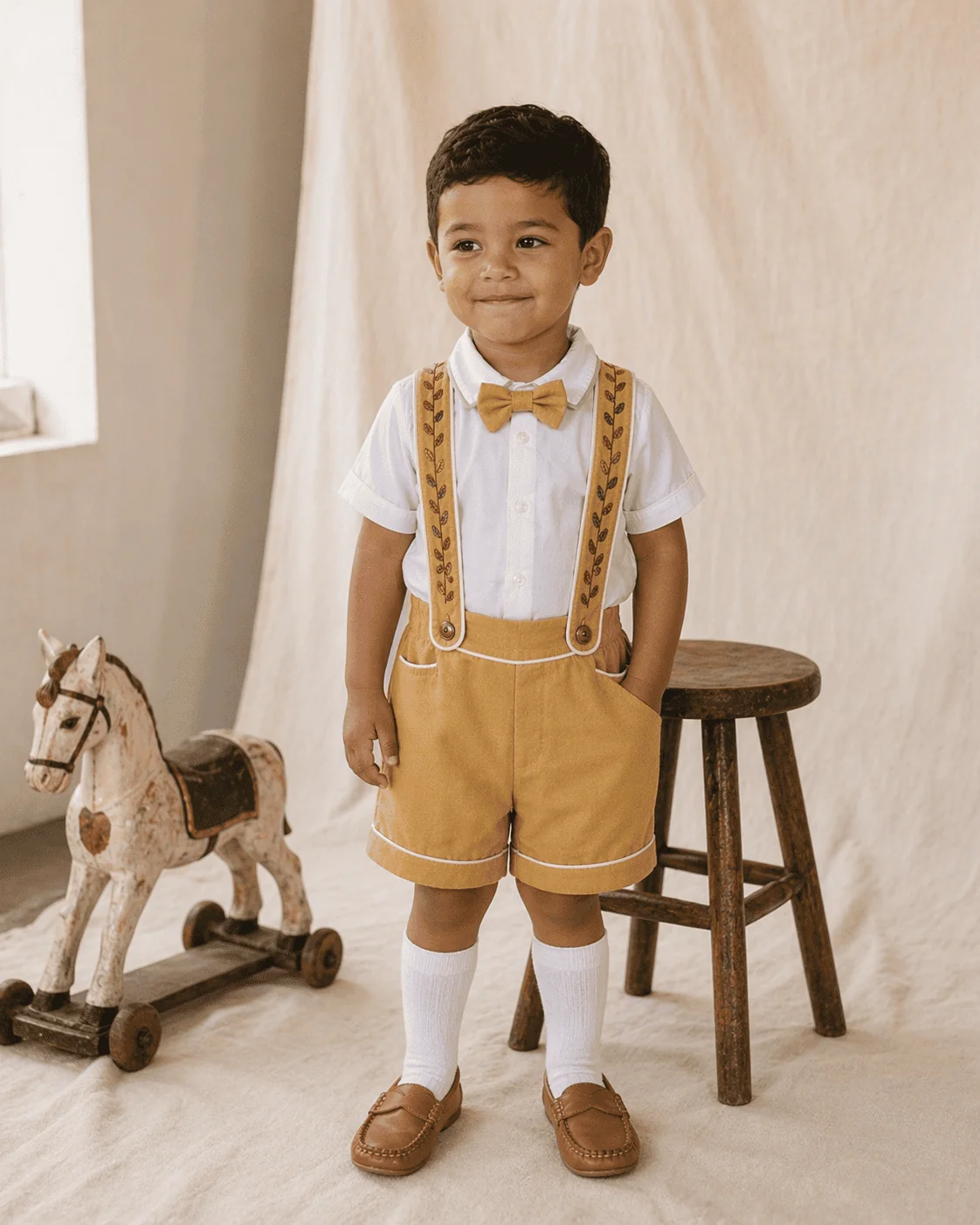 Menino vestindo Conjunto Versátil em linho caramelo — variação tecido premium — posando ao lado de cavalinho de madeira em ensaio de ateliê