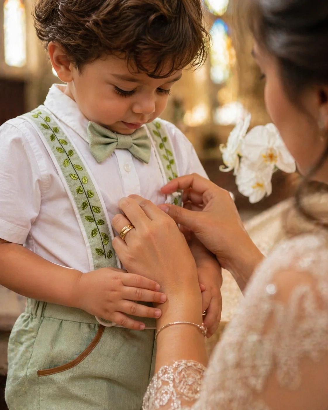 Mãos da mãe ajustando o suspensório bordado no filho de 2 anos dentro da igreja · aliança visível na mão da mãe · vitrais desfocados ao fundo · orquídea branca · momento emocional do batizado