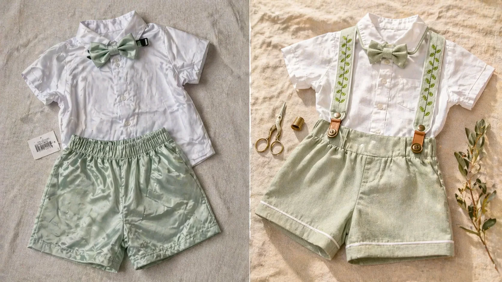 Comparativo lado a lado sobre fundo linho cru · à esquerda conjunto infantil de fast-fashion (camisa branca sem caramel piping, shorts verde sage em poliéster brilhoso com elástico solto, etiqueta plástica pendurada) · à direita Conjunto Versátil do Ateliê da Gi (camisa branca em algodão com caramel piping, shorts sage em linho com viés caramelo, suspensórios bordados verde/caramelo com botões bronze, tesoura vintage ao lado) · duas peças da mesma categoria, dois territórios de mercado