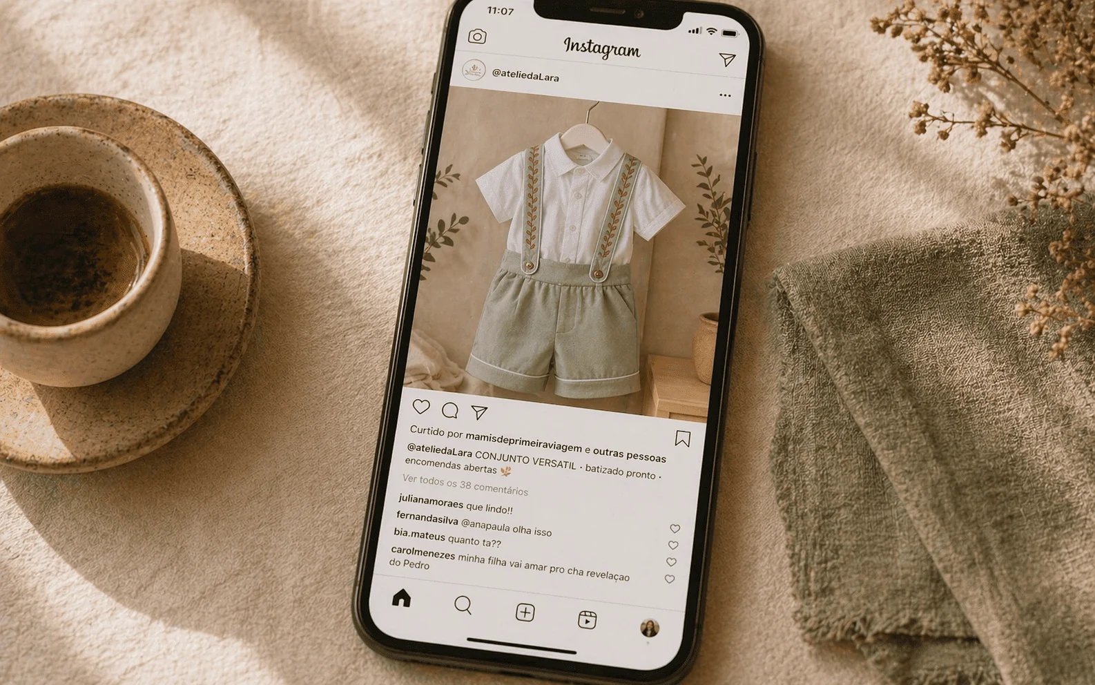 Celular mostrando feed do Instagram de uma aluna do Costuragi com Conjunto Versátil fotografado em cabide rústico — comentários de clientes e storie 'batizado pronto' em destaque