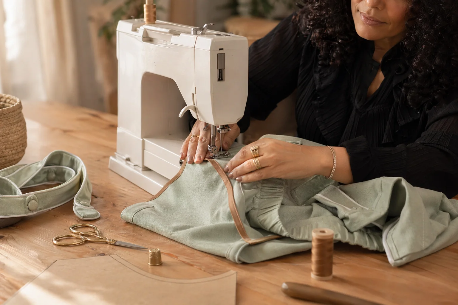 Gislene Maria costurando o Conjunto Versátil na máquina Brother · aplicando o viés caramelo na borda do short verde sage · mãos com simples anéis dourados · tesoura vintage e carretéis copper sobre a bancada de madeira · luz natural lateral · autoridade visual @ateliedagiinfantil