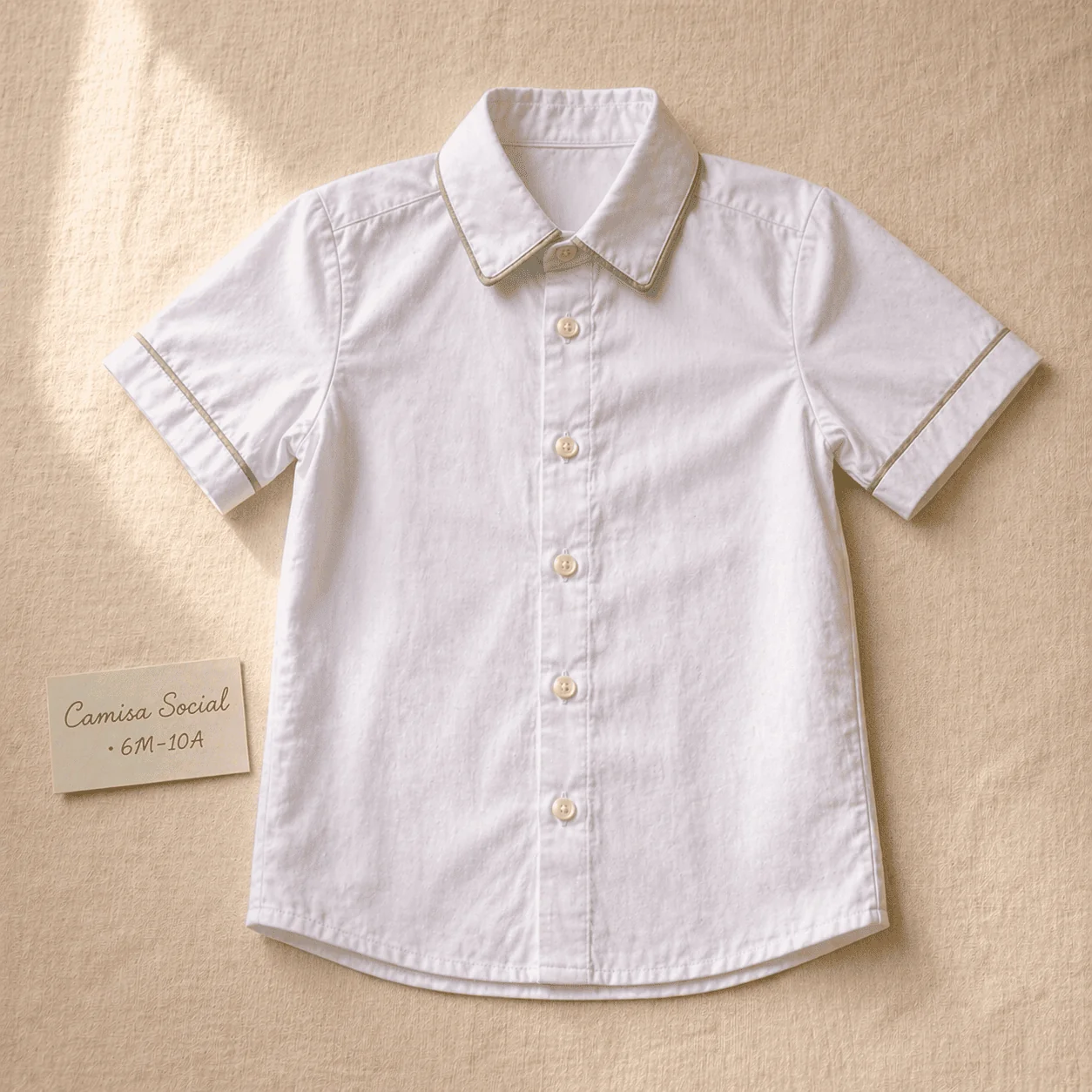 Camisa Social do Conjunto Versátil · tricoline branco · carcela na frente · colarinho com entretela dupla · botões artesanais · grade 2 a 8 anos