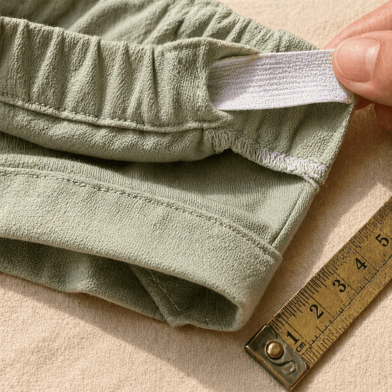 Macro do cós verde sage do Short Versátil com dedo puxando o elástico interno · fita métrica vintage ao lado · o acabamento que o avesso do cós parece a frente