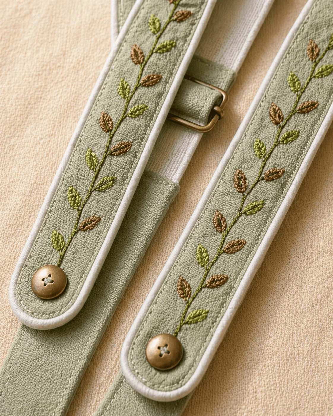 Macro extremo do suspensório verde sage com bordado à mão de ramos e folhas em linhas verdes e caramelo, botão de bronze sobre o tecido · o detalhe que a cliente sente passando o dedo