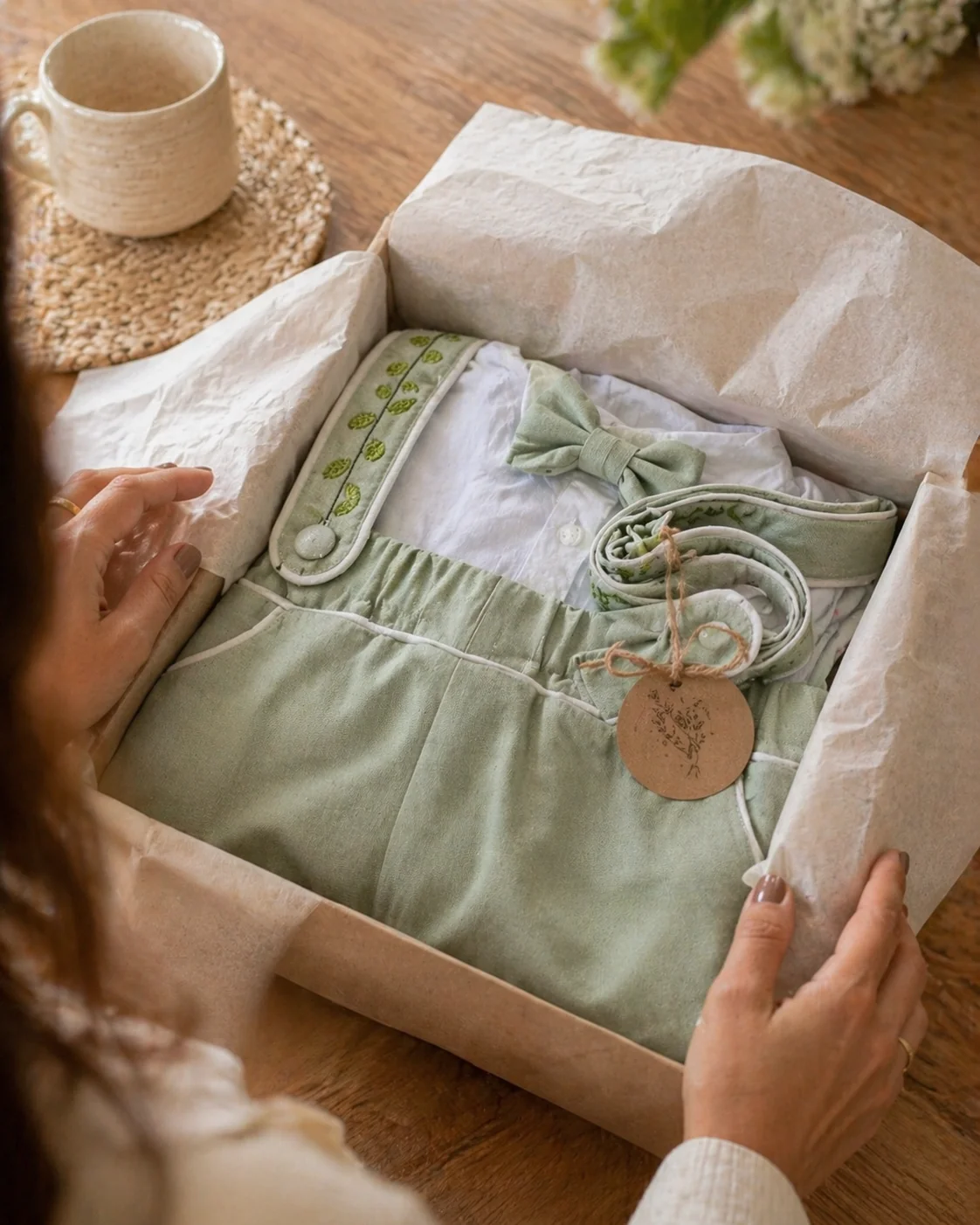 POV primeira pessoa · mãos da mãe abrindo caixa kraft com papel seda ivory revelando o Conjunto Versátil dobrado · short sage visível primeiro, camisa branca embaixo, suspensórios bordados no topo · tag Costuragi com motivo botânico presa com fita caramelo · xícara de café desfocada · mesa de madeira